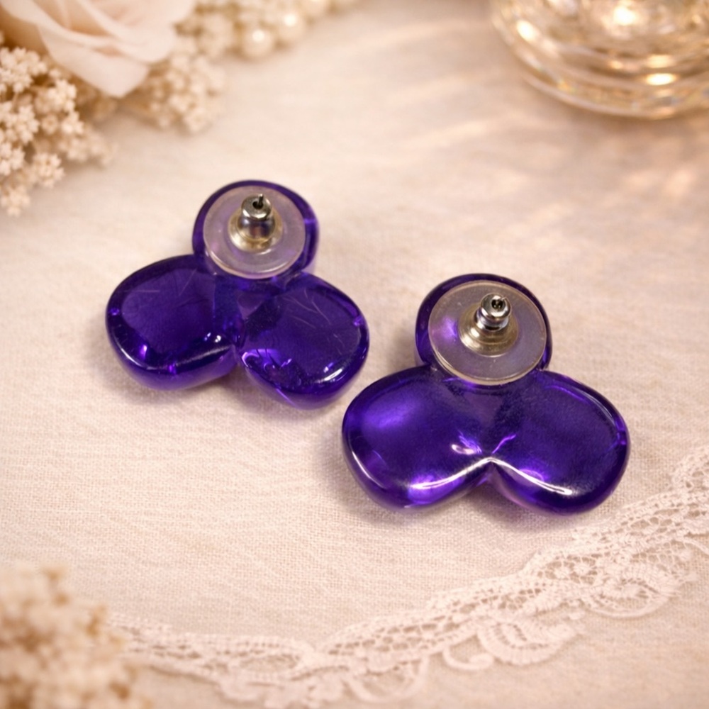 Vintage Purple Lucite Cluster Earrings Retro 80s Acrylic Statement - Picture 3 of 3
